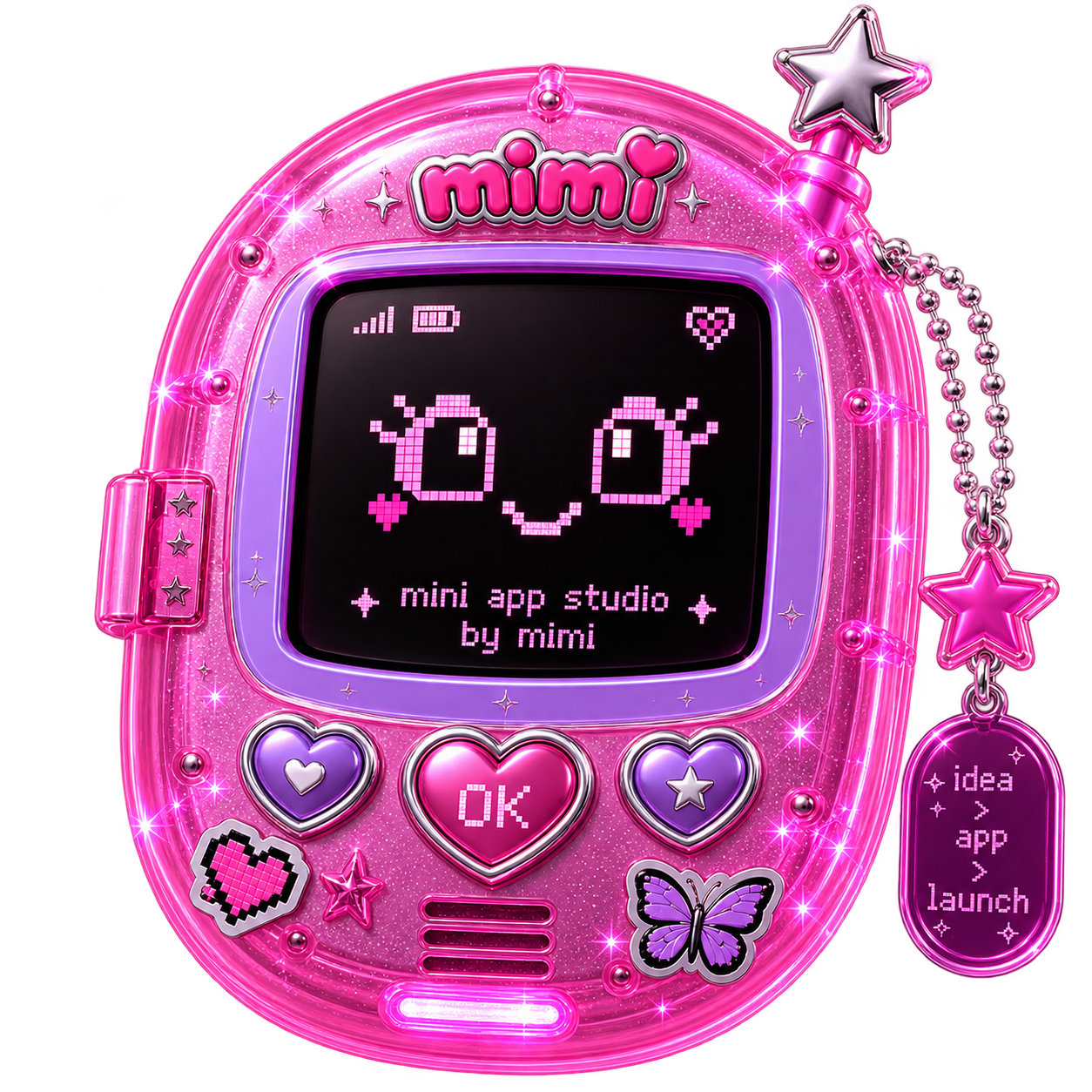 Mimi mini app studio handheld device with pixel-art face